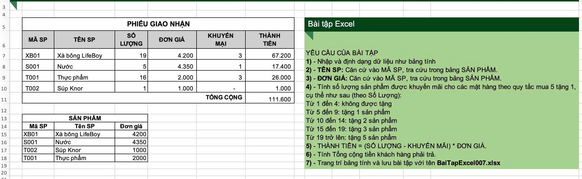 Bài tập thực hành công thức toán trong Excel